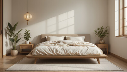 Luxury bedroom with a comfortable bed, pillows, lamp, and elegant decor