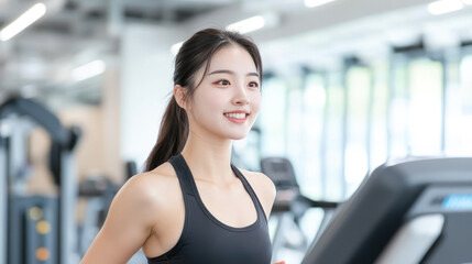 Obraz premium Chinese woman doing exercise workout in a modern gym equipment, healthy lifestyle