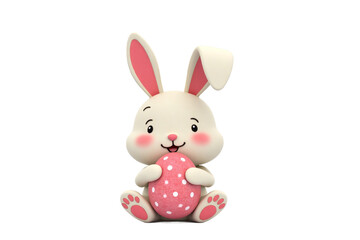 Obraz premium A cute cartoon-style Easter bunny holding a dusty pink egg with polka dots. 