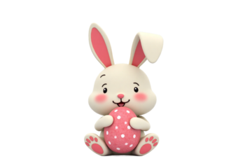 A cute cartoon-style Easter bunny holding a dusty pink egg with polka dots.