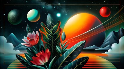 Vibrant Floral Arrangement Against Celestial Mountain Landscape