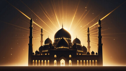 Ramadan Kareem- Mosque in the Golden Light: A grand mosque silhouette stands tall against a breathtaking backdrop of radiant golden light, symbolizing faith and spirituality.