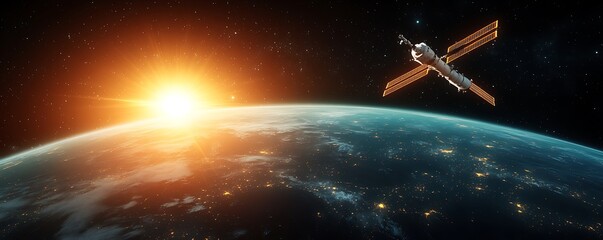 Naklejka premium Space Station Orbiting Earth at Sunrise, City Lights Visible
