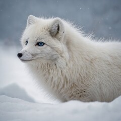 Obraz premium Arctic Fox in Snow: A white arctic fox with soft, fluffy fur blending into the white background. Its black nose and sharp blue eyes stand out vividly, giving a sense of its environment.