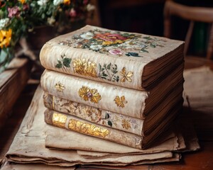 Historical manuscript with delicate gold leaf accents on brown paper 
