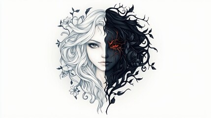 Fototapeta premium Captivating Illustration of a Woman Divided Between Light and Dark Elements of Nature