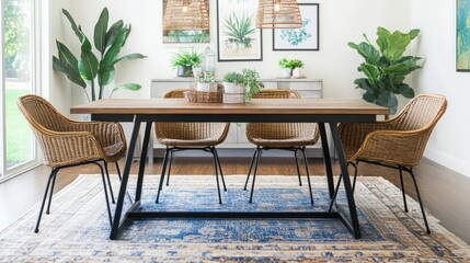 Obraz premium A contemporary dining space showcasing a rectangular metal table, four natural rattan chairs, and chic indoor plants