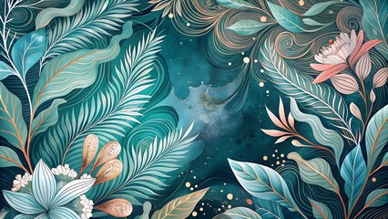 Naklejka premium Art Nouveau Floral Design in Teal and Rose Tones with Mystical Elements