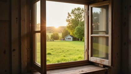 Scenic sunset view from a window with wooden frame in a peaceful countryside setting