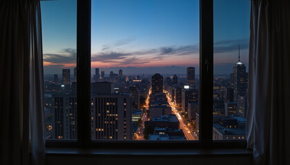 Dark window view of a vibrant city skyline at dusk with twinkling street lights, moody and atmospheric ambiance