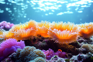 Vibrant Orange Sea Anemones Flourish in Underwater Reef