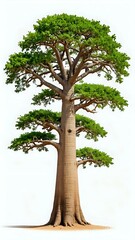 Majestic baobab tree isolated on white background, showcasing its unique trunk and lush green foliage. Perfect for design, illustration, or educational purposes.