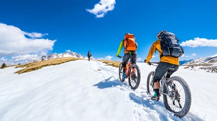 Two cyclists ride fat bikes on a snowy mountain trail.