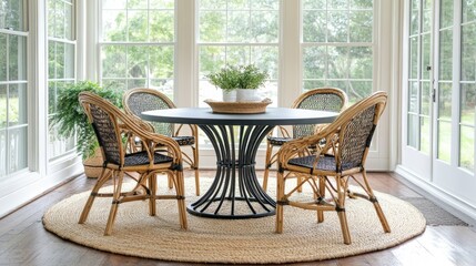 Fototapeta premium A dining area with a black metal table, four designer rattan chairs, and a boho-inspired rug underneath