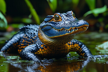 Juvenile Alligator Displays Vibrant Blue And Gold Scales