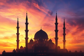 Fototapeta premium grand mosque at sunrise, surrounded by a tranquil landscape, with the first rays of light highlighting its domes and minarets, creating a magical Ramadan vibe