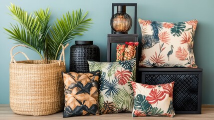 A group of stylish home decor items, including cushions, rugs, and furniture, displayed for a new interior design concept