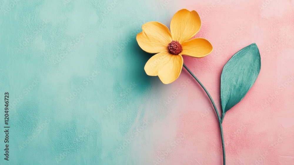 Poster bright yellow flower with a green leaf against a pastel colored background at a creative workspace. 