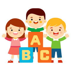 Obraz premium Happy school kids with alphabet blocks on white