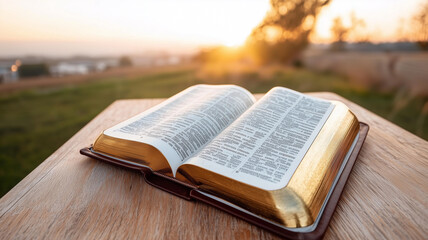 Fototapeta premium Glowing Sunrise Shines Over Open Bible on Wooden Surface 