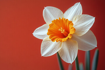 Fototapeta premium Single Daffodil Flower Against Red Background