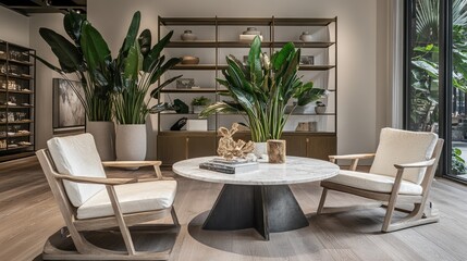 A luxury home decor showroom with high-end items like marble tables, designer chairs, and upscale decorative pieces