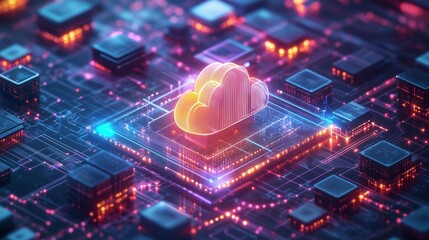 Interconnected Tech: Vibrant 3D Visualization of Blockchain, Cloud, and Digital Currency