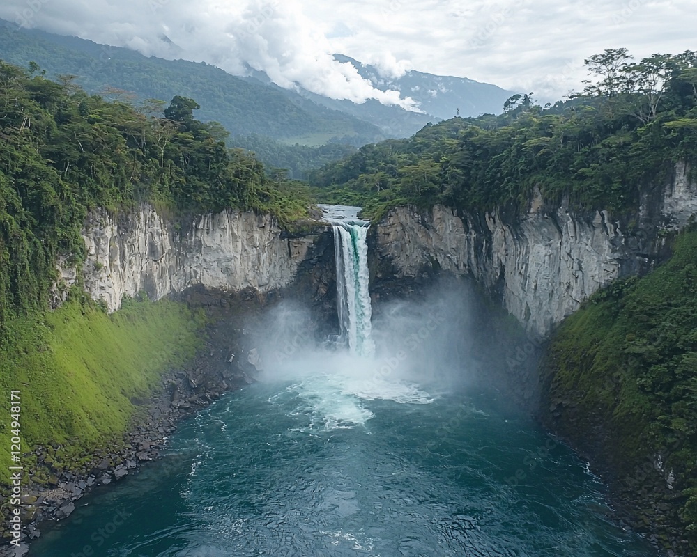 Sticker Majestic waterfall cascading into lush green valley.