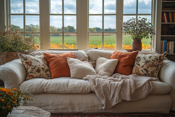 Comfortable linen sofa with autumnal decor near a window