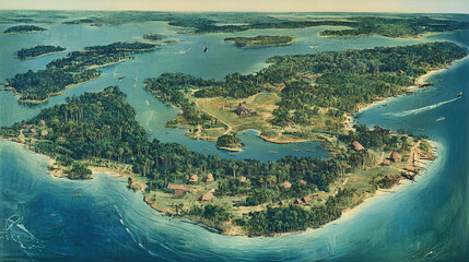 aerial view of a lush, green island surrounded by water, with smaller islands in the background. The island features dense vegetation, clear waters, and scattered buildings.