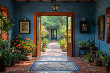 Sunlit Courtyard Entrance With Lush Greenery and Blue Walls