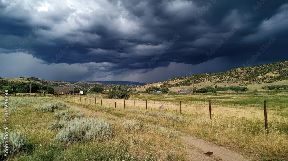 Wall mural a rural landscape under a dark sky filled with dense, dramatic black clouds before the rain begins.