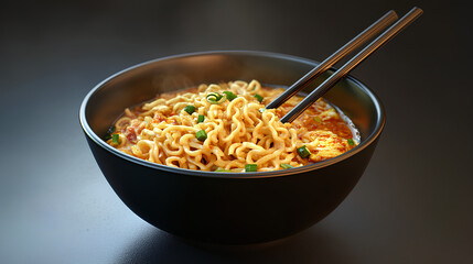 A steaming bowl of ramen noodles with green onions, served in a black bowl with chopsticks, on a dark background, showcasing a warm and inviting meal