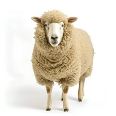 A majestic sheep with a thick, curly fleece, standing tall against a white background