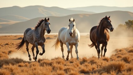Naklejka premium Three majestic horses gallop across a sun-baked desert: a dappled gray-black American Appaloosa leads, followed by a swift white American Quarter Horse. The scene exudes wild freedom and speed