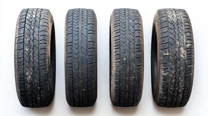 A set of four car tires with even tread wear, isolated on a white background to showcase their condition.