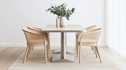 Fototapeta premium A minimalist dining space showcasing a sleek metal table, four rattan chairs, and a chic centerpiece