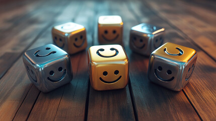 Emotion cubes with a metallic sheen, arranged in a circular pattern on a wooden background, illustrated with a sleek, modern style