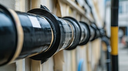 Fototapeta premium A side view of wire bundles insulated with black electrical tape, running along a cable conduit.