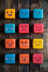 Emotion cubes with a soft, matte finish, arranged in a neat grid on a rustic wooden background,...