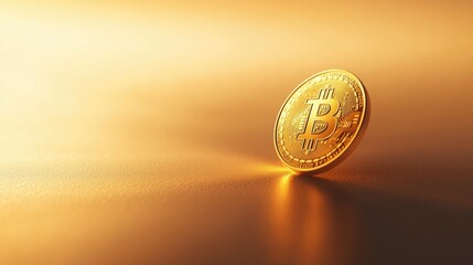 A single golden bitcoin coin glowing under soft lighting, isolated on a plain white background.