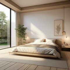interior of a hotel room, Minimal style modern contemporary white bedroom interior with wooden furniture 3d render with large windows natural light shines into the room.