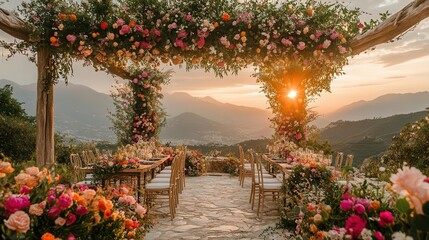 Obraz premium A beautifully decorated outdoor venue at sunset, featuring a floral arch, elegant tables, and stunning mountain views.