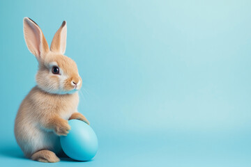 Obraz premium Easter Bunny Rabbit with Blue Painted Egg on Blue Background Festive Holiday Concept