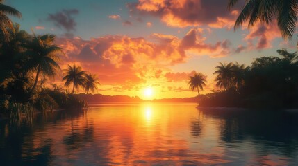A serene sunset over tranquil waters, framed by palm trees, creating a picturesque tropical paradise.