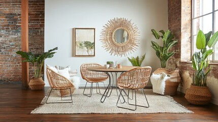 A modern dining room with a round metal table, rattan chairs, and a neutral color palette