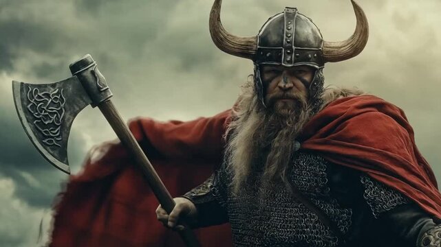 Scene of a viking prepares for war, smooth repeating motion for background video animation.