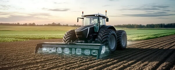 Obraz premium A Farming tractor Tractor Ploughing with futuristic digital displays plows a field, showcasing the future of precision agriculture