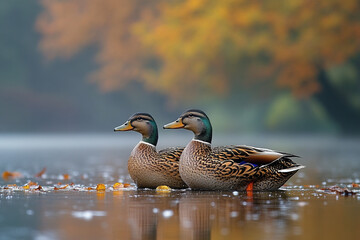 Obraz premium Two Mallard Ducks Resting On Autumnal Water