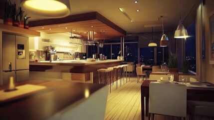 A modern hostel dining room with minimalist furniture, an open kitchen, and a warm atmosphere